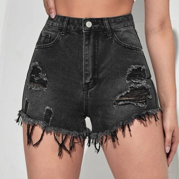 Distressed raw hem ripped high waisted denim jean shorts black - Picture 8 of 8